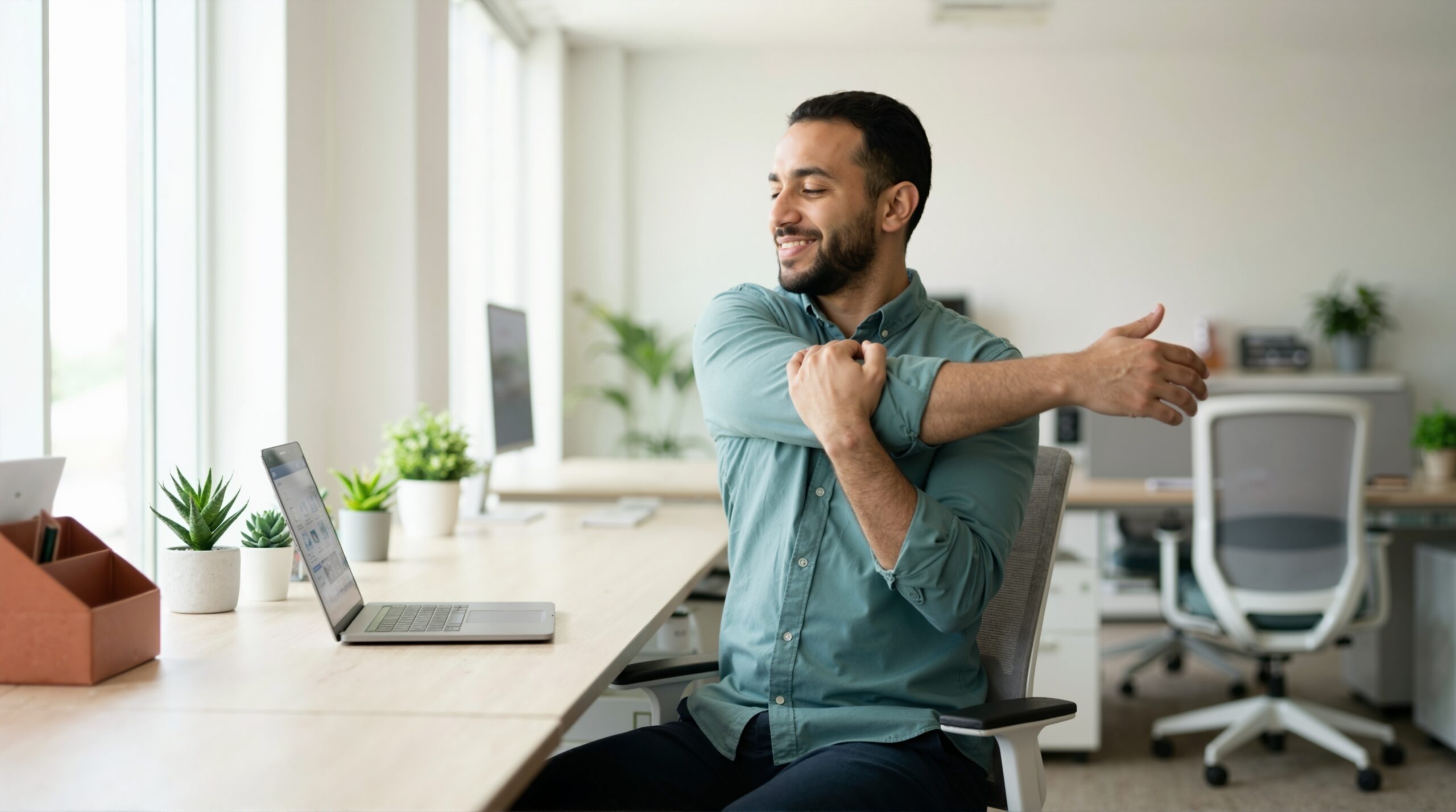 Office worker practicing office ergonomics stretches at a desk to relieve neck and shoulder tension